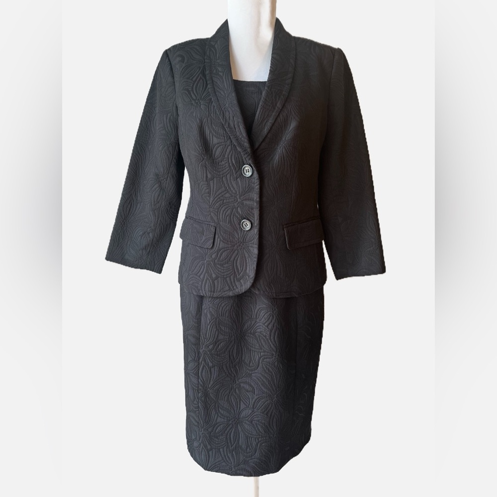 SOLD/ Talbots Two Piece Black Brocade Suit, size 6, Sleeveless Dress and Jacket